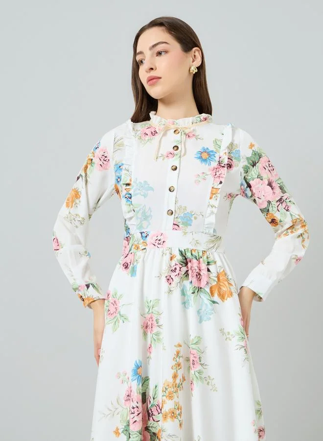 Take Two Women Floral Printed Ruffled Trim Front Midi Dress